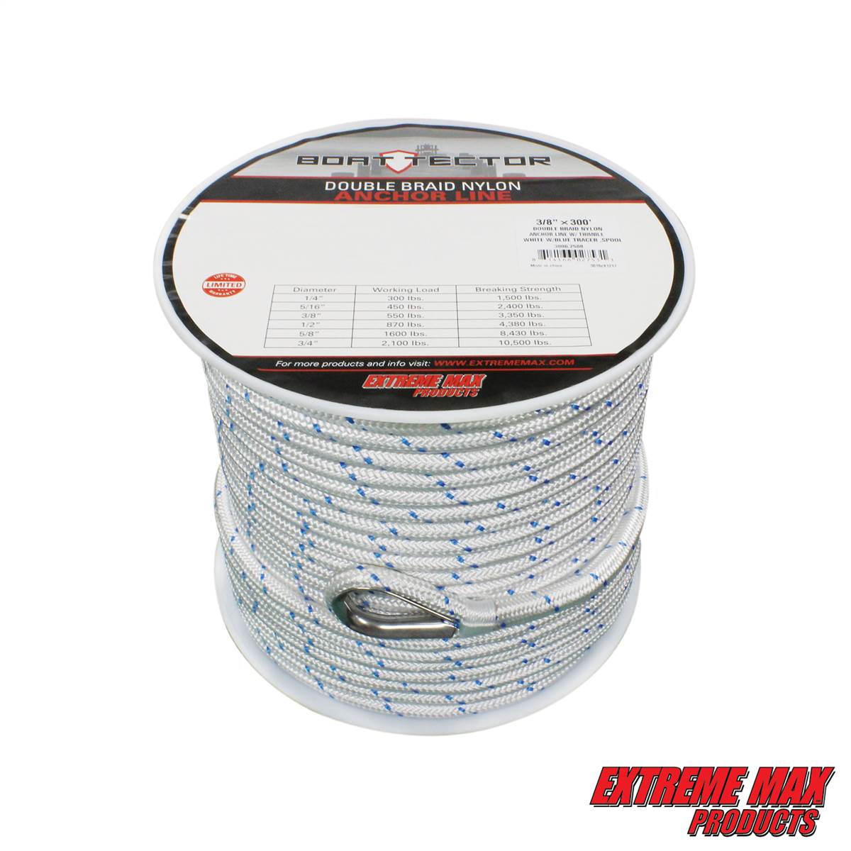 Extreme Max 3006.2508 BoatTector Double Braid Nylon Anchor Line with  Thimble - 3/8 x 300', White w/ Blue Tracer